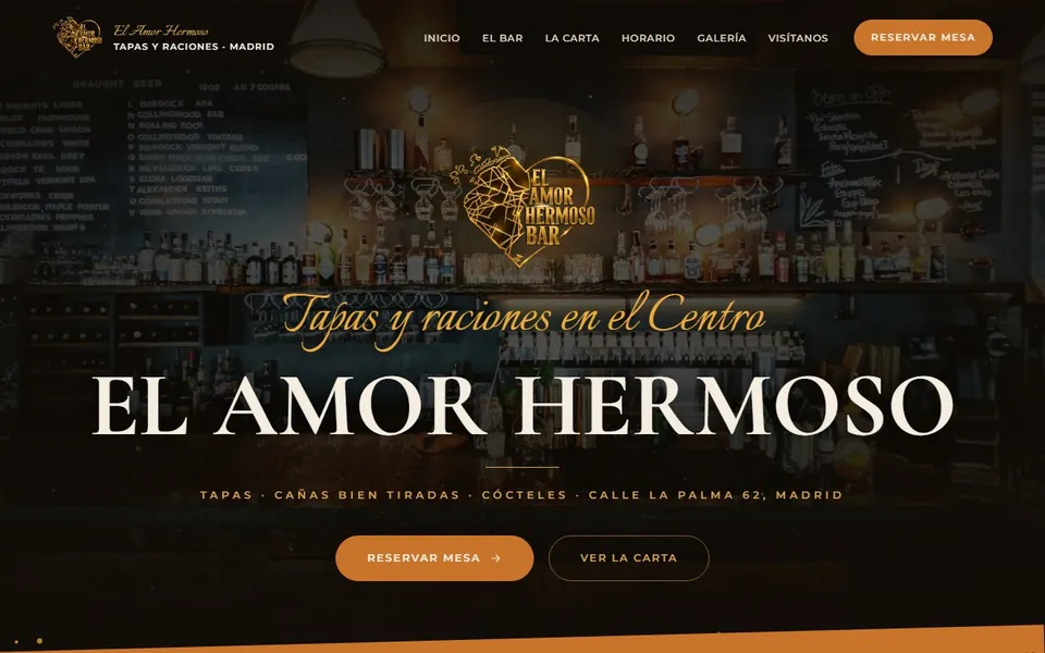 Página web del bar El Amor Hermoso en Madrid, diseñada por Los Visionarios Company